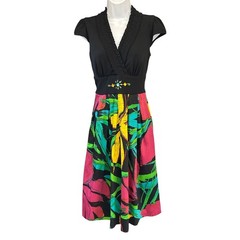 Modern Sangria Fit Flare Dress Tropical Neon Floral Summer Party Rhinestone Sz 8