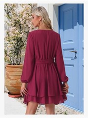 Seta T Fall Dresses Round Neck Long Sleeve Waist Tie Ruffle Mini Swing Skater