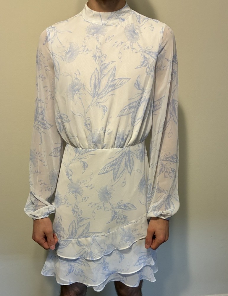Express Light Blue White Floral Long Sleeve Chiffon Dress Size S