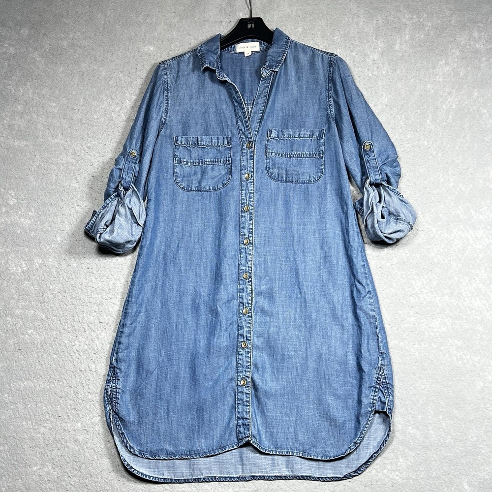 Cloth & Stone Dress Sz Medium Light Wash Button Front Chambray Roll Tab Sleeves