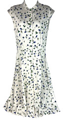 MIDINETTE Dress S? White/Blue Birds Cap Sleeves Stand-up Collar Half Dome Button