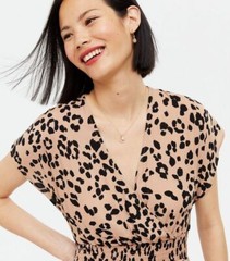 NEW LOOK Black Brown Beige Leopard Animal Print Puff Sleeve Midi Dress size 8