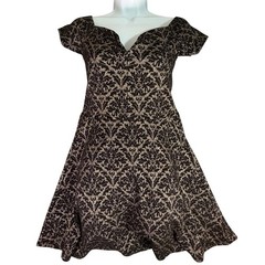 ONE CLOTHING Black Gold Damask Jacquard Fit Flare Dress Size L Evening Party